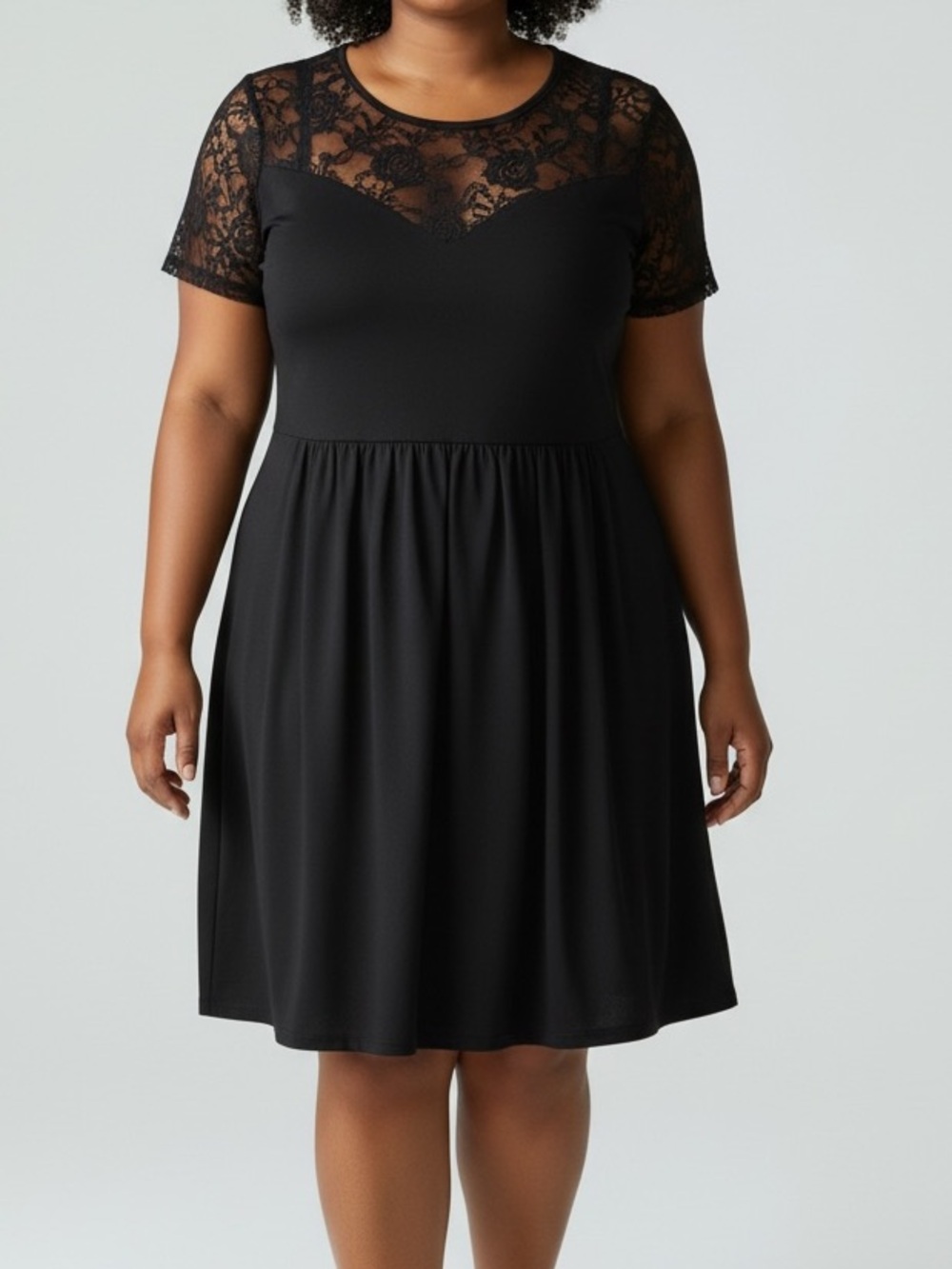 Sunmoday Size 2XL Black Lace Yoke Short Sleeve Fit-and-Flare Dress